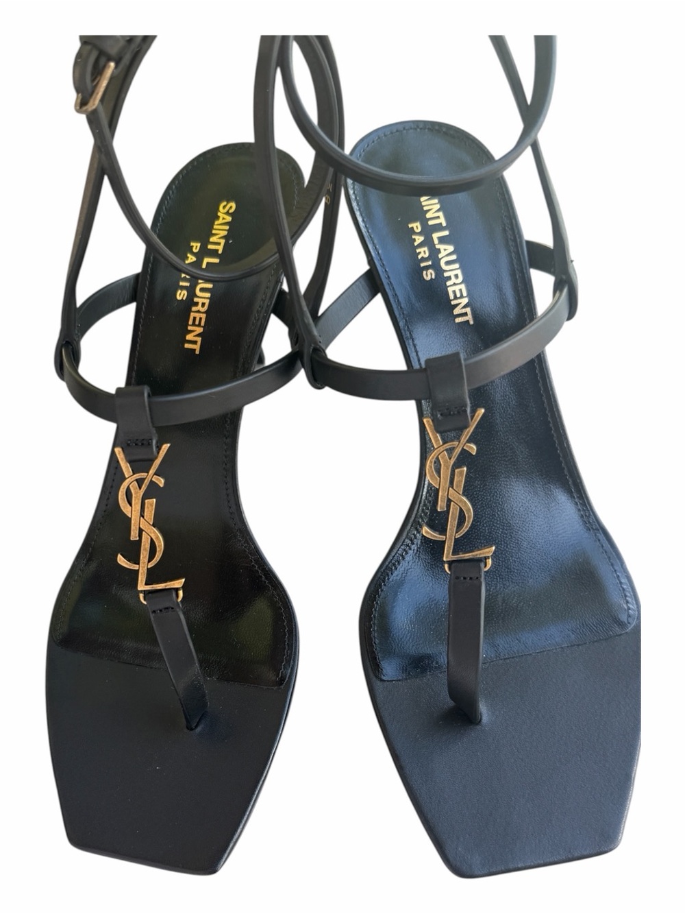 YSL Saint Laurent Cassandra Logo Leather Sandals Black Gold Size 38 NIB